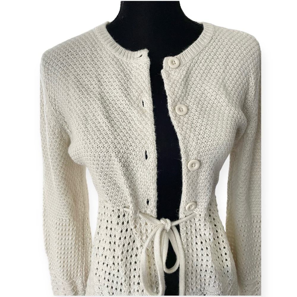 Charter Club womens crochet button up beige cardigan ivory Medium cottage angora - Picture 3 of 6